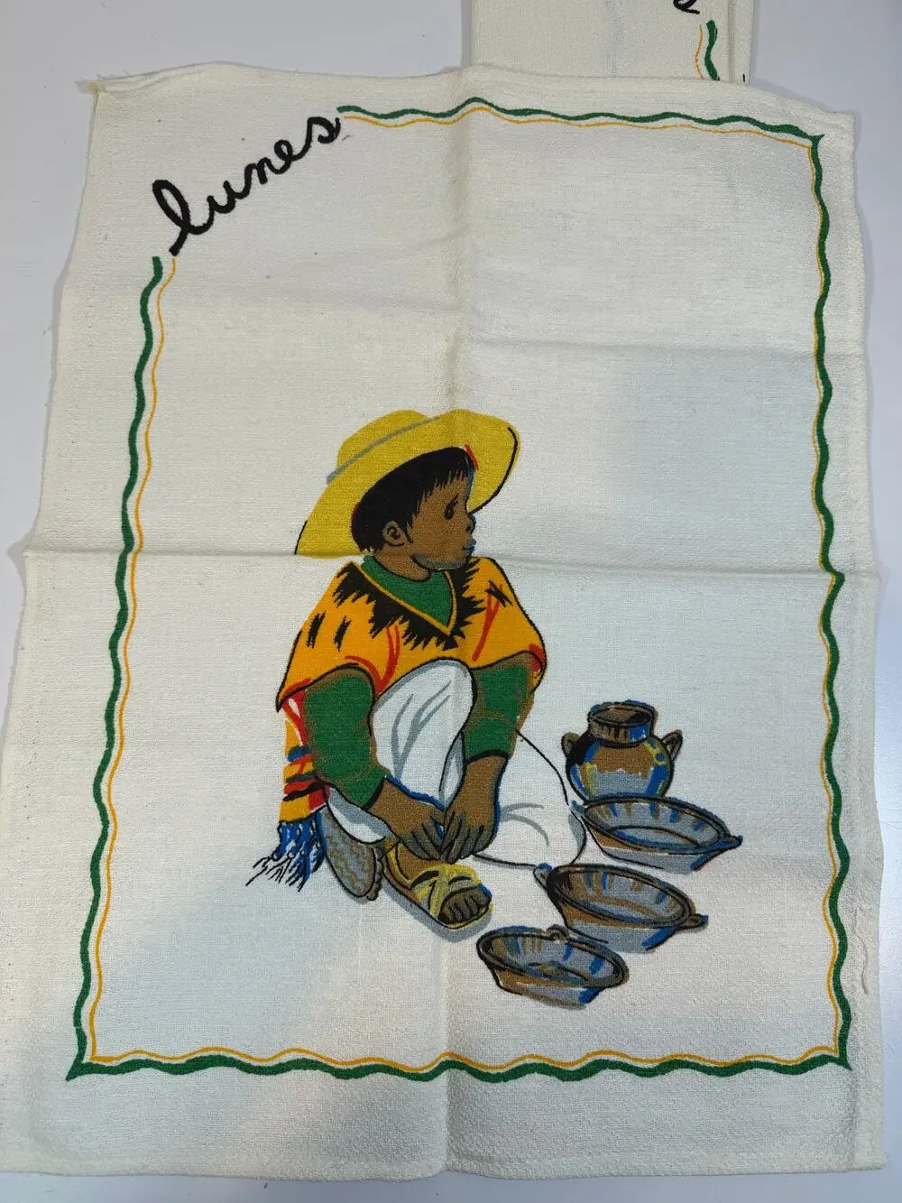 Vintage MCM Spanish Print Cotesa Tea Towels days of the week NO DOMINGO
